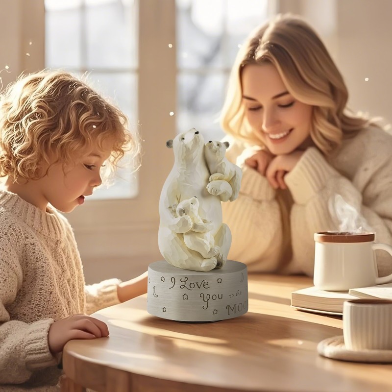 AIDLNS Mom and Daughter Birthday Gifts, Dad and Daughter Son Polar Bear Musical Sculpture Family Figurine, Mother Day Birthday Gift for Mum Daddy Music Box Play You are My Sunshine