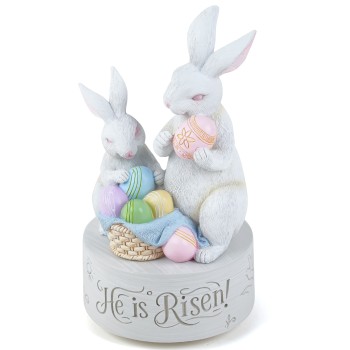 AIDLNS Christian Easter Bunny Music Box – He is Risen Religious Figurine with Cross Hope Faith Love Engraving Wind Up Music Box Play Easter Parade