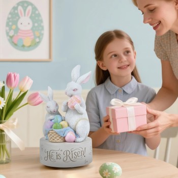 AIDLNS Christian Easter Bunny Music Box – He is Risen Religious Figurine with Cross Hope Faith Love Engraving Wind Up Music Box Play Easter Parade