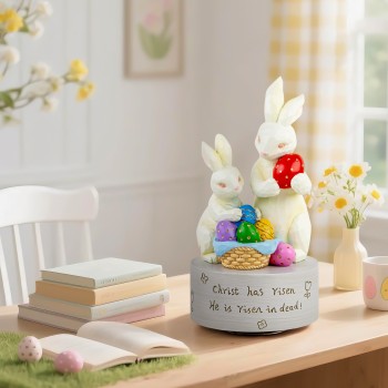 AIDLNS Easter Rabbit Music Box Figurine, Bunny with Eggs Musical Sculpted Hand-Painted Figurines Easter for Daughter Son Friends