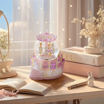 Carousel Music Box for Daughter, Pink Carousel Snow Globe Gift for Girls Wife Women Girlfriend, Birthday Christmas Anniversary for Her, Castle in The Sky Melody