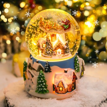 Christmas Music Box Snow Globe Gift, Musical Rotating Santa Claus Flying Over Village Glitter Xmas Present for Girls Women Girlfriend Daughter Son Granddaughter, Plays 14 Christmas Songs