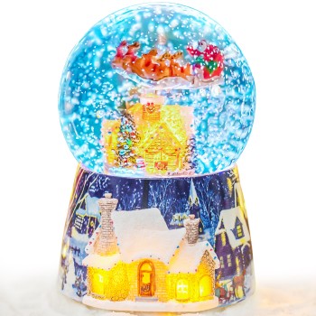 Christmas Music Box Snow Globe Gift, Musical Rotating Santa Claus Flying Over Village Glitter Xmas Present for Girls Women Girlfriend Daughter Son Granddaughter, Plays 14 Christmas Songs