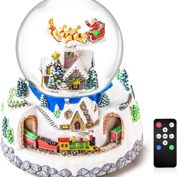 Musical Rotating Santa Claus Flying Over Village,Automatic Snowfall,Train, Christmas Snow Globe Music Box Gifts, for Women Wife Mom Girlfriend Daughter, Xmas Present,Plays 48 Classic Christmas Carols