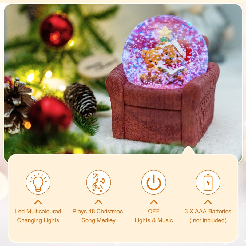 Musical Christmas Bear Snow Globe, Christmas Tree & Cozy Sofa Design, Christmas Decoration for Family, Friends, Plays 14 Classic Christmas Carols Musical Christmas Bear Snow Globe, Christmas Tree & Cozy Sofa Design, Christmas Decoration for Family, Friends, Plays 14 Classic Christmas Carols