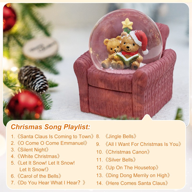 Musical Christmas Bear Snow Globe, Christmas Tree & Cozy Sofa Design, Christmas Decoration for Family, Friends, Plays 14 Classic Christmas Carols Musical Christmas Bear Snow Globe, Christmas Tree & Cozy Sofa Design, Christmas Decoration for Family, Friends, Plays 14 Classic Christmas Carols