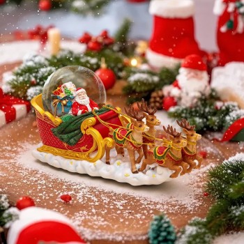 Christmas Snow Globes Clearance, Santa Claus Reindeer Sleigh Automatic Snowfall Music Box with Colourful Lights, Xmas Present Gifts for Family, Friends, Plays 48 Classic Christmas Melodies