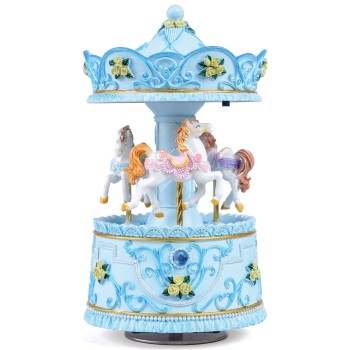 Elegant Blue Carousel Music Box,Handcrafted Rotating Horses & Floral Details Musical Figurine, for Birthdays,Christmas,Valentine's Day,Birthday,Home Décor,Plays You are My Sunshine Tune
