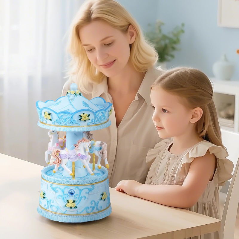 Elegant Blue Carousel Music Box,Handcrafted Rotating Horses & Floral Details Musical Figurine, for Birthdays,Christmas,Valentine's Day,Birthday,Home Décor,Plays You are My Sunshine Tune Elegant Blue Carousel Music Box,Handcrafted Rotating Horses & Floral Details Musical Figurine, for Birthdays,Christmas,Valentine's Day,Birthday,Home Décor,Plays You are My Sunshine Tune