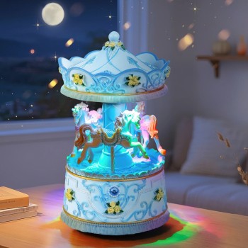 Elegant Blue Carousel Music Box,Handcrafted Rotating Horses & Floral Details Musical Figurine, for Birthdays,Christmas,Valentine's Day,Birthday,Home Décor,Plays You are My Sunshine Tune
