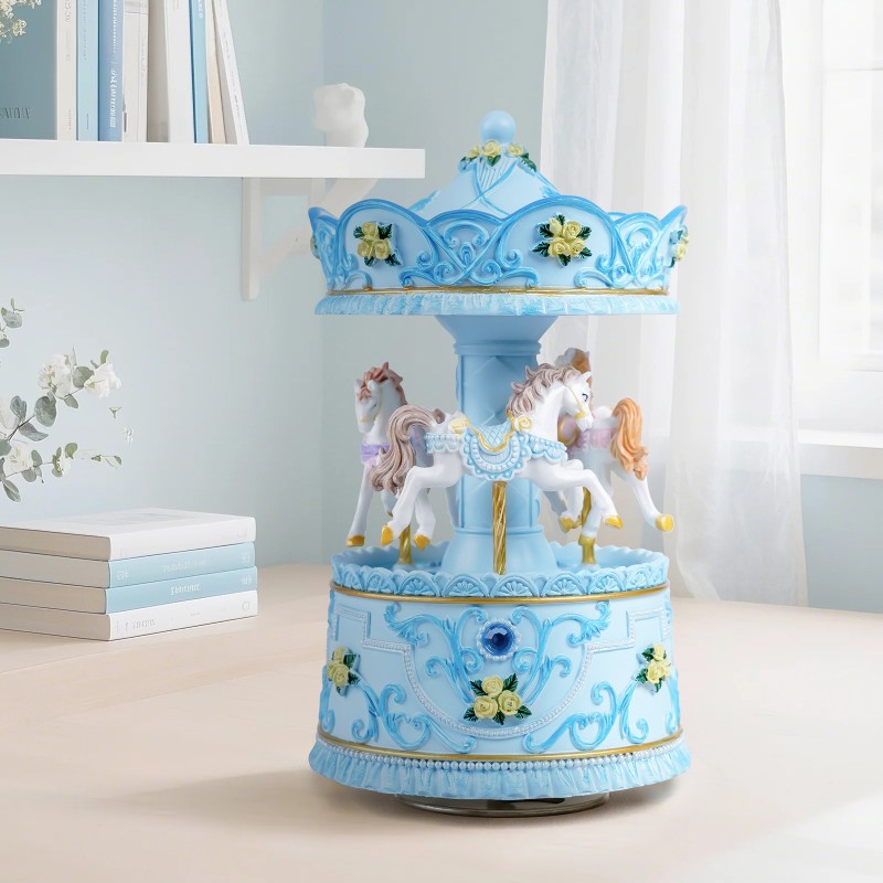 Elegant Blue Carousel Music Box,Handcrafted Rotating Horses & Floral Details Musical Figurine, for Birthdays,Christmas,Valentine's Day,Birthday,Home Décor,Plays You are My Sunshine Tune Elegant Blue Carousel Music Box,Handcrafted Rotating Horses & Floral Details Musical Figurine, for Birthdays,Christmas,Valentine's Day,Birthday,Home Décor,Plays You are My Sunshine Tune