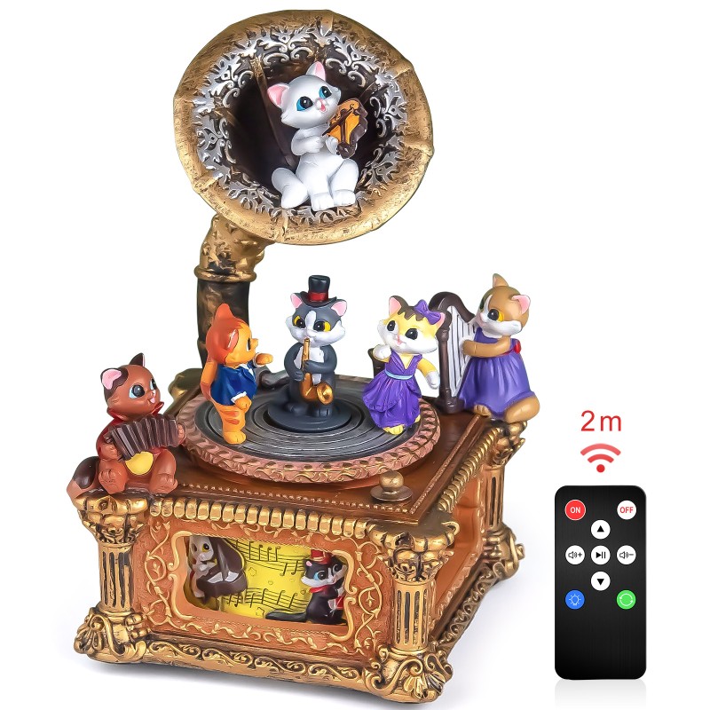 Vintage Gramophone Remote Control Music Box, Birthday Anniversary for Mom Grandma Women Cat Lover, Cute Cat Figurine Musical Box Play 64 Melodies Vintage Gramophone Remote Control Music Box, Birthday Anniversary for Mom Grandma Women Cat Lover, Cute Cat Figurine Musical Box Play 64 Melodies