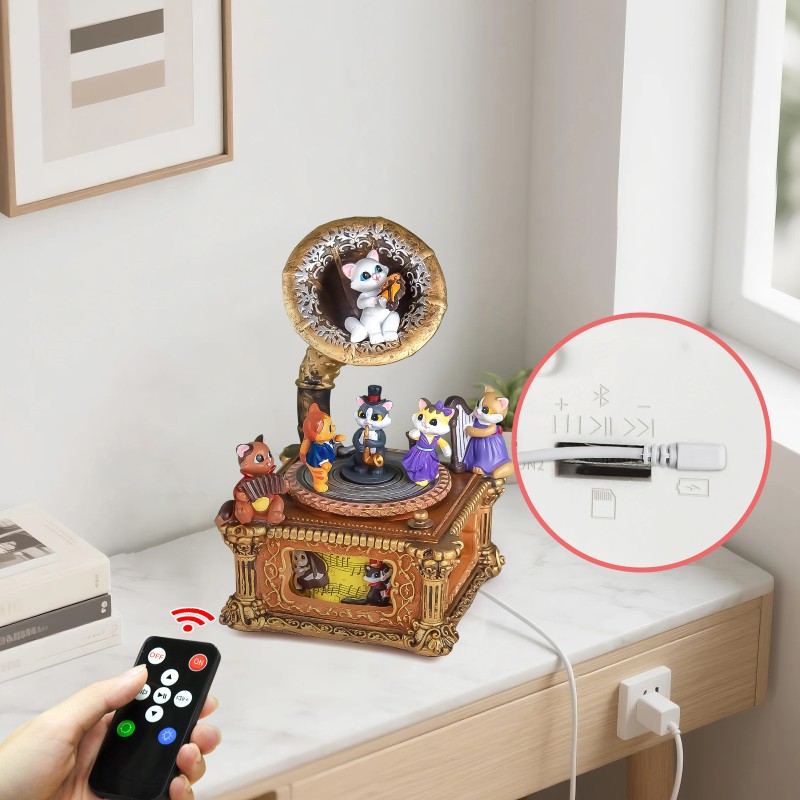 Vintage Gramophone Remote Control Music Box, Birthday Anniversary for Mom Grandma Women Cat Lover, Cute Cat Figurine Musical Box Play 64 Melodies Vintage Gramophone Remote Control Music Box, Birthday Anniversary for Mom Grandma Women Cat Lover, Cute Cat Figurine Musical Box Play 64 Melodies