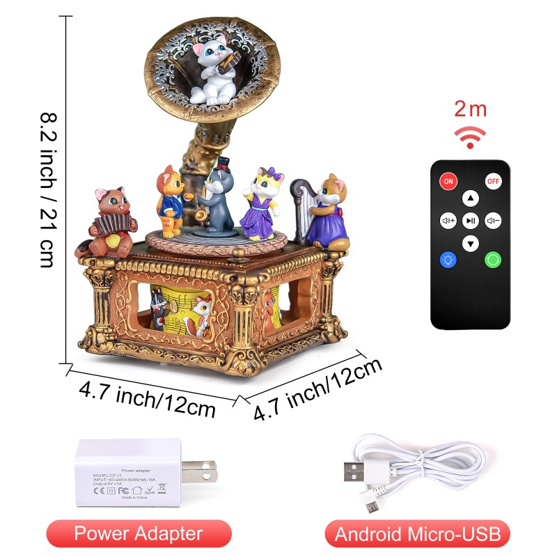 Vintage Gramophone Remote Control Music Box, Birthday Anniversary for Mom Grandma Women Cat Lover, Cute Cat Figurine Musical Box Play 64 Melodies Vintage Gramophone Remote Control Music Box, Birthday Anniversary for Mom Grandma Women Cat Lover, Cute Cat Figurine Musical Box Play 64 Melodies