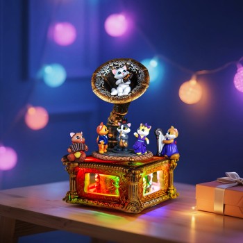 Vintage Gramophone Remote Control Music Box, Birthday Anniversary for Mom Grandma Women Cat Lover, Cute Cat Figurine Musical Box Play 64 Melodies